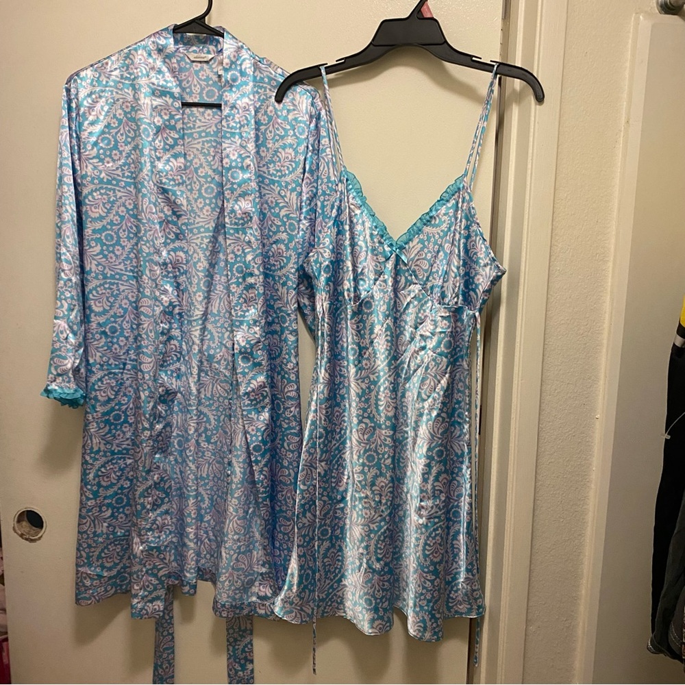 Vintage Adonna Womens Paisley Short Nightgown And & Robe Set L  42” Blue Floral